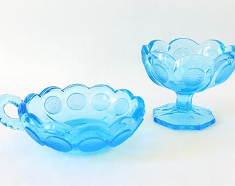 Fostoria Coin Dot Aqua Blue Glass Handled Nappy Dish and Compote, USA 1950s-82