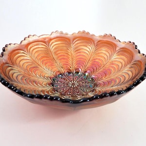 Antique Fenton Peacock Tail Carnival Glass Bowl, Scalloped and Sawtooth Edge