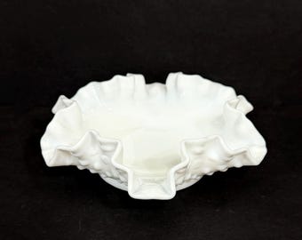 Fenton Hobnail Petticoat Milk Glass Candy Dish, Ruffled Rim, USA 1960s