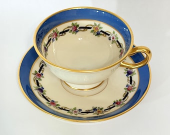 1915 Lenox M2(K) Cobalt and Floral Teacup Saucer Set, USA