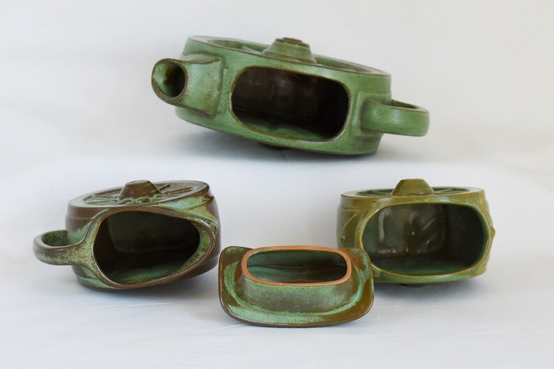 1950/'s Frankoma Pottery Prairie Green Wagon Wheel 4c Creamer and Sugar Teapot