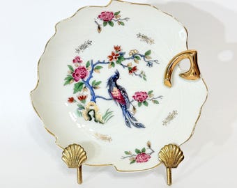 1930s Porcelain Leaf Plate, Hand Painted Bird and Florals. Japan