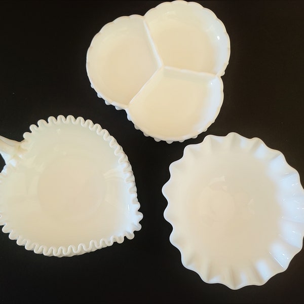 Lot of 3-1960s Hobnail Milk Glass, 2 Fenton, 1 Other, Fenton Handmade USA