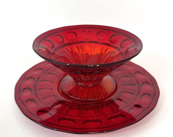 Red Cadmium & Ruby Glass Thumbprint Mayo Bowl and Underplate, USA 1930s-60s