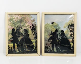 Vintage 1940s Silhouette Pictures: Convex Glass Couple Art - Set of 2