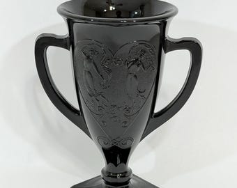 1930s Black Amethyst Glass 2-Handled Wedding Cup, L.E. Smith, 1930s USA