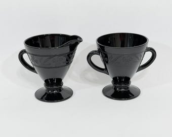 1930s Black Glass Shamrock Clover Cream & Sugar, Hazel Atlas 1930s, Art Deco USA