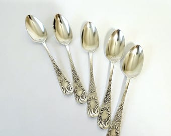 Antique Sterling Silver Demitasse Spoons, Flames and Vines, Set of 5, RW&S Wallace