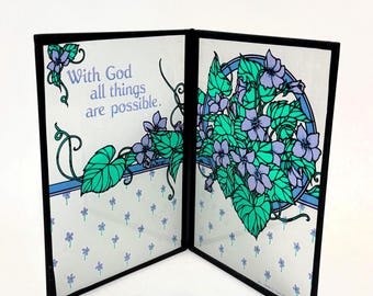 Glass "With God..." Folding Table Decor, Stained Glass Look, 1980s