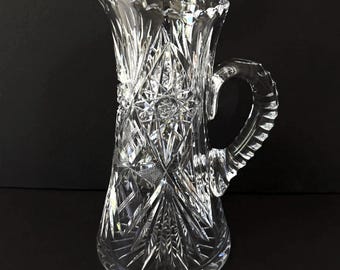 ABP Tall Hand-Cut Crystal Flared Pitcher, Hobstars and Sawtooth Rim, USA 1880s-1900
