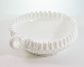 Fenton Hobnail Milk Glass, Heart-Shaped Dish with Handle, 1960s USA