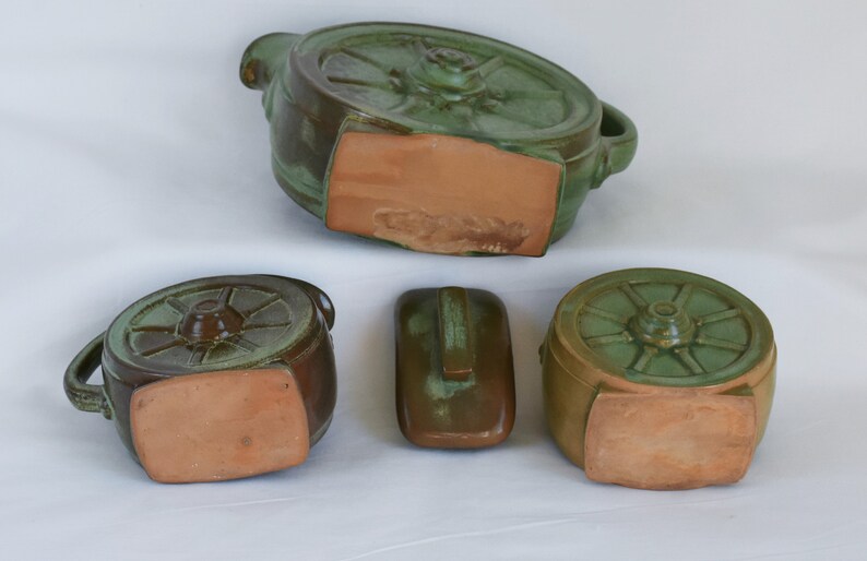 1950/'s Frankoma Pottery Prairie Green Wagon Wheel 4c Creamer and Sugar Teapot