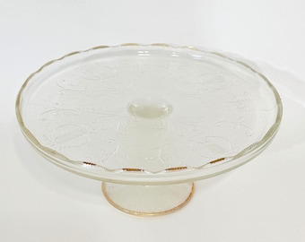 1950s Jeanette Harp Pattern Glass Cake Stand Gold Trim, USA
