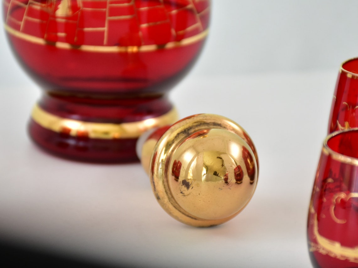 Murano Red & Gold Glass Decanter with 6 Cups 1950s Etsy