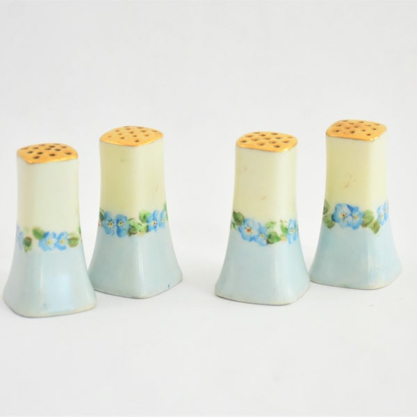 Antique Limoges Small Porcelain Salt & Pepper Shakers, Blue Posies and Gilt Tops, Set of 4, France