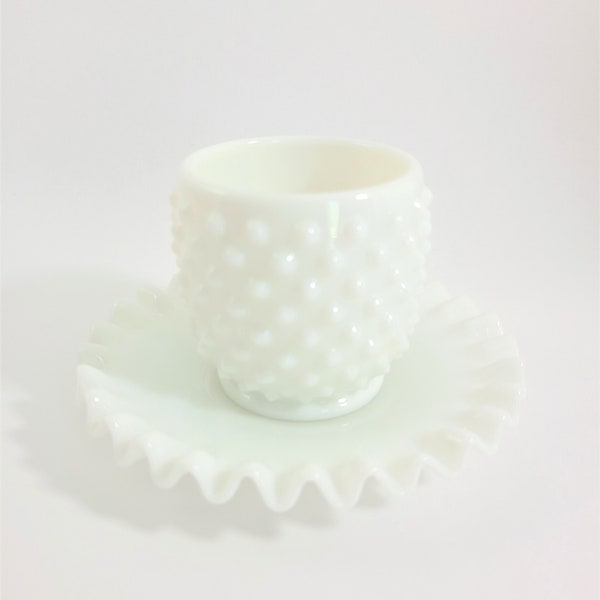 Fenton Hobnail Milk Glass Mustard and Ruffled Underplate, USA