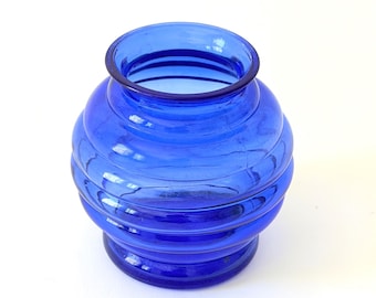 Cobalt Blue Glass Ribbed Beehive 5" Vase, 1950s USA