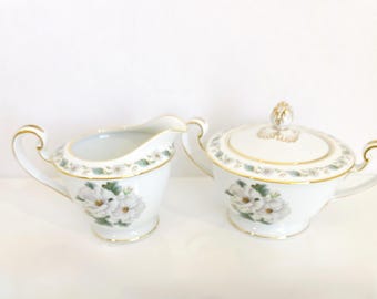 1953 Noritake #5029 White Blossoms Porcelain Large Creamer and Lidded Sugar Bowl, Japan