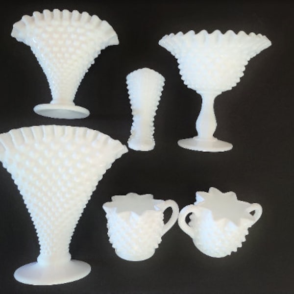 1950-60s Fenton Hobnail Milk Glass, Lot of 6 Pieces, Handmade, USA