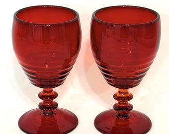 1930s Paden City Penny Line Red Ribbed Glass Water Goblets, Set of 2, USA