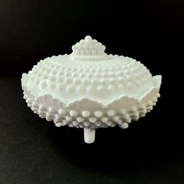 1960s Fenton Hobnail Petticoat Milk Glass 4-Toed Oval Covered Candy Dish, USA