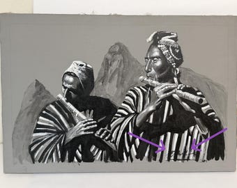 Peruvian Flute Players Oil/Acrylic Greyscale Painting on Linen 18" x 26", Signed