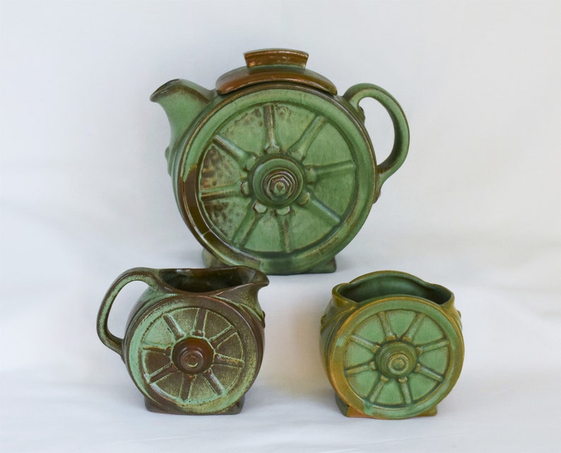 1950/'s Frankoma Pottery Prairie Green Wagon Wheel 4c Creamer and Sugar Teapot