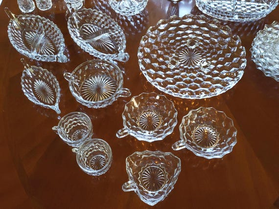 Fostoria "American" Ice Cube Pattern Glass Dinnerware, Sold by Type, 1930-50s USA