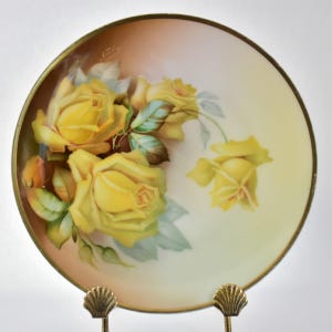 Sevres Bavaria, Thu E. MR, Antique Porcelain Cabinet Plate, Hand-Painted Yellow Roses, Signed