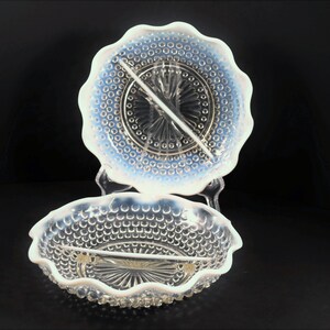 Anchor Hocking Moonstone Divided Ruffled Serving Bowls, (3) Sets of 2 Available, 1940s USA