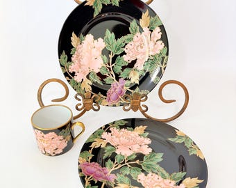 Fitz & Floyd Cloisonne Peony Lot of 2 Dessert/Salad Plates, 1 Demitasse Cup