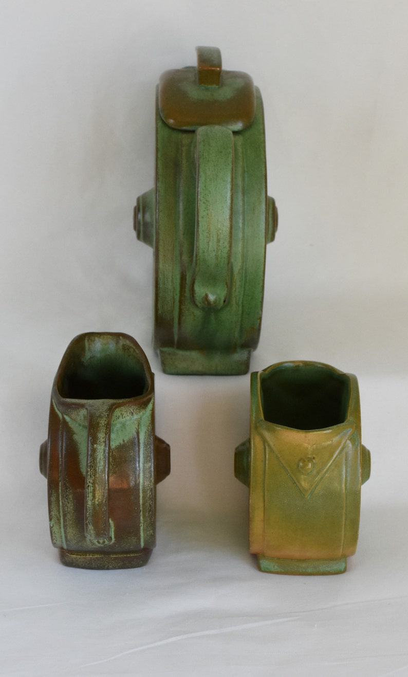 1950/'s Frankoma Pottery Prairie Green Wagon Wheel 4c Creamer and Sugar Teapot