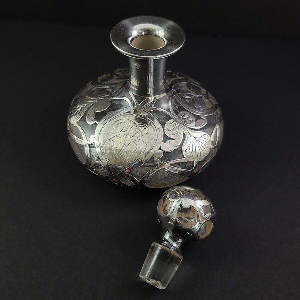 Antique Victorian Silver Overlay Blown Glass Perfume Bottle, Monogrammed  READ