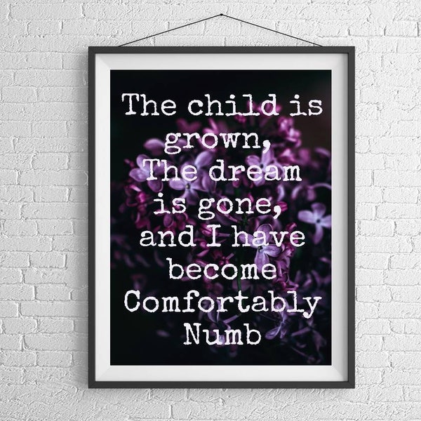 Comfortably Numb PINK FLOYD Song Lyrics Print | dark Botanical Poster | Floral Print | Bedroom Wall Decor | Pink Floyd Lyric Poster Digital