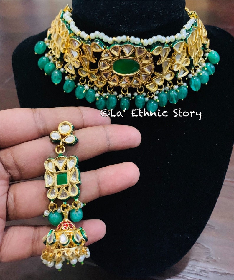 bollywood necklace Meenakari bridal necklaceset Indian necklace emerald Kundan Choker necklace with Jhumka earrings Pakistani necklace