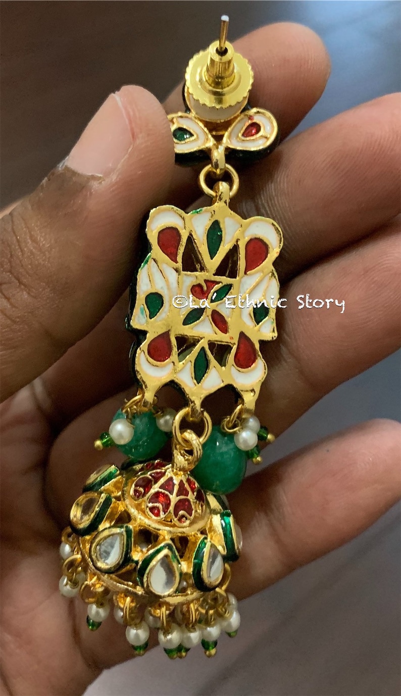 bollywood necklace Meenakari bridal necklaceset Indian necklace emerald Kundan Choker necklace with Jhumka earrings Pakistani necklace