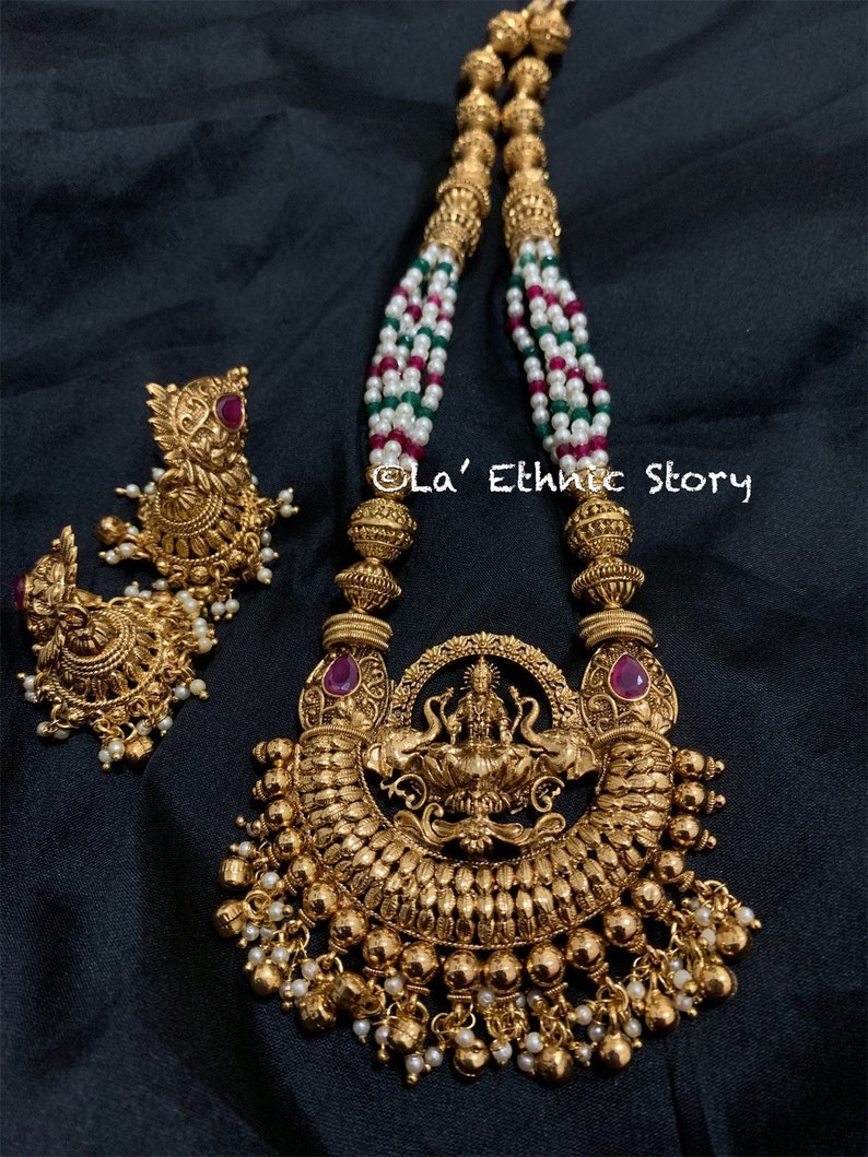 Temple Jewelry Lakshmi Devi Necklace Set Indian Antique Pendant Gold South Ethnic