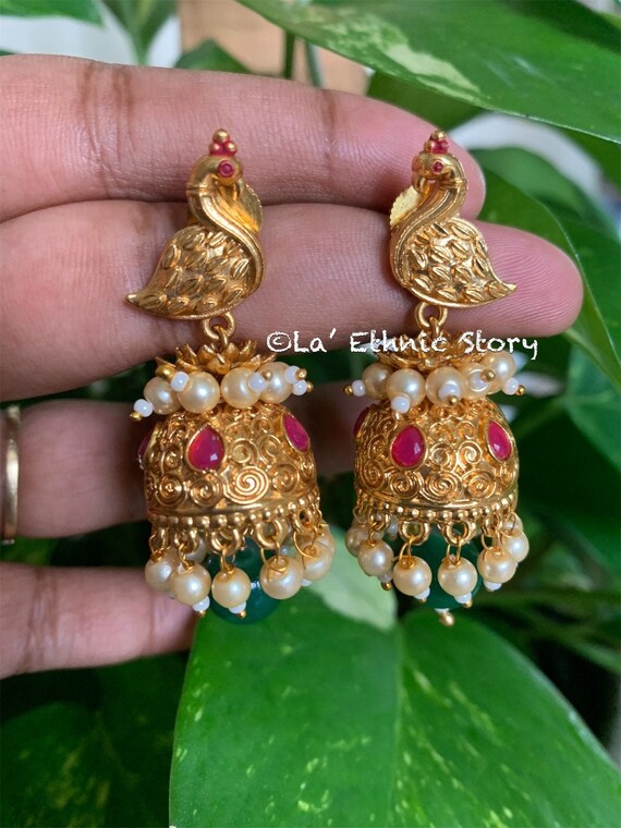 Trending Red Plan Beads Brass Metal 24 Grams Jhumka/Earring 2 Handmade Indian Jewelry 