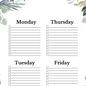 Puede incluir: Un planificador semanal imprimible con un diseño floral. El planificador está dividido en cinco secciones: lunes, martes, miércoles, jueves y viernes. Cada sección tiene una lista de verificación con 10 líneas en blanco.