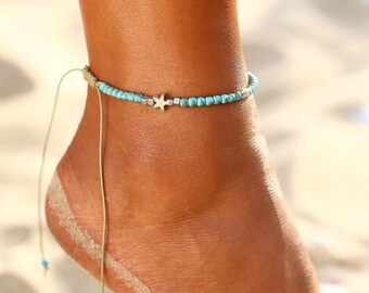 Womens Silver Star Anklet Bracelet Beads Ankle Charm Chain Foot Anklets Beach UK