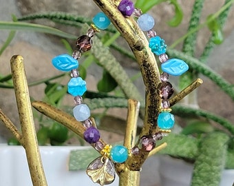 Gemstone Stretch Bracelet with Purple, Teal, Aqua Czech Glass Beads Ginkgo Leaf Charm Bracelet Gold Tones