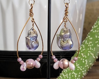 Adorable Czech Glass Fox Dangle Earrings with Pink and Gold Czech Glass Beads