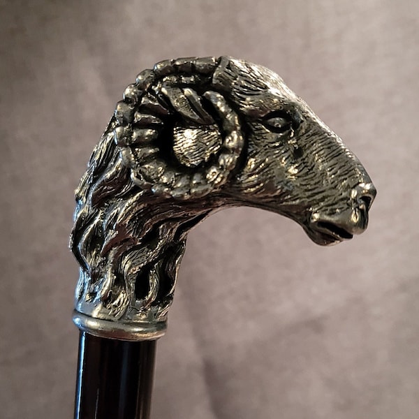 Ram Head Italian Pewter Walking Stick - 35" length