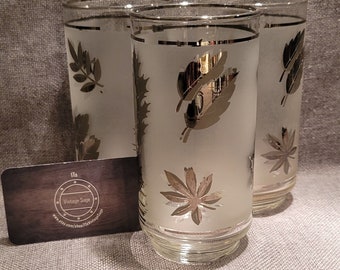 Libbey Silver Frosted Leaves Highball, Tumbler Glasses, Set of 3 Water- MCM Mid Century Modern