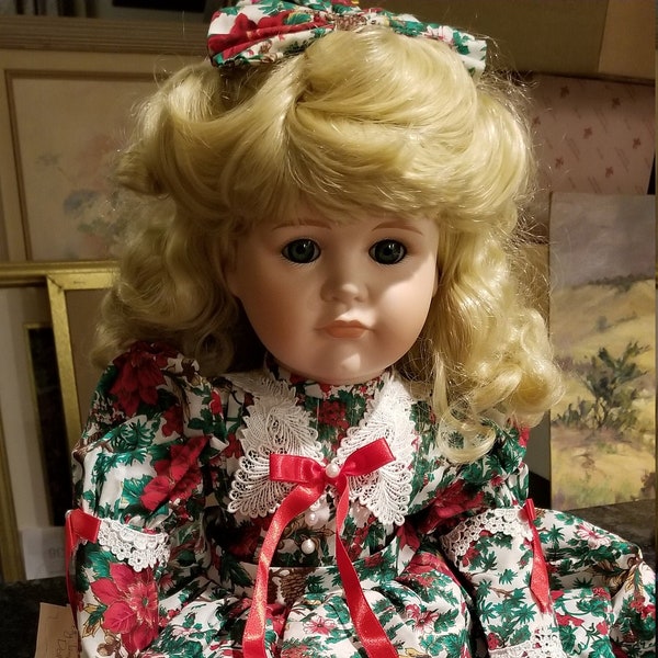 Musical Goebel Betty Jane Carter Porcelain Doll - Veronica Limited Edition # 492/500 in Poinsettia Dress with COA - Plays "O' Tannenbaum"