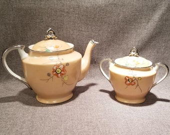 Antique Teapot and Sugar Bowl - Hand painted - PLEASE READ Description