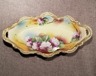 Antique Porcelain Tray by I E & C Co. Hand Painted, Gilded Moriage Edge two handle Tray with Intricate detail - Made in Japan AKA Pre-Nippon