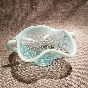 Small Vintage Blue Moonstone, Hob Nail, Two-handle Dish - Rare Find