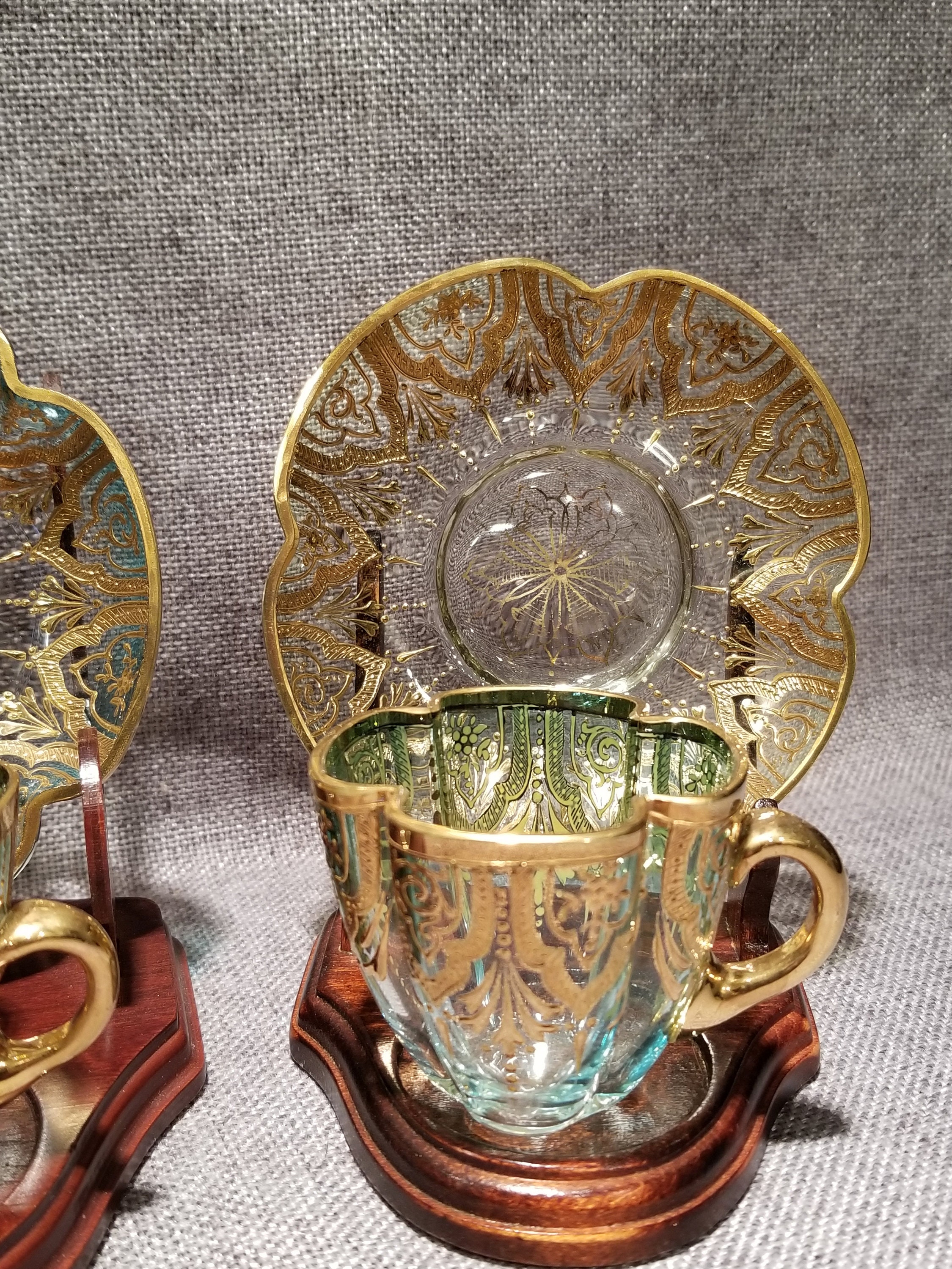 Antique Moser Quatrefoil 4 Cups and Saucers with Wooden Stands Etsy