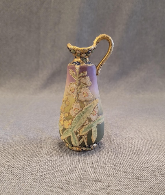 Nippon Coralene Moriage and Jewel-work Antique Porcelain Small Pitcher